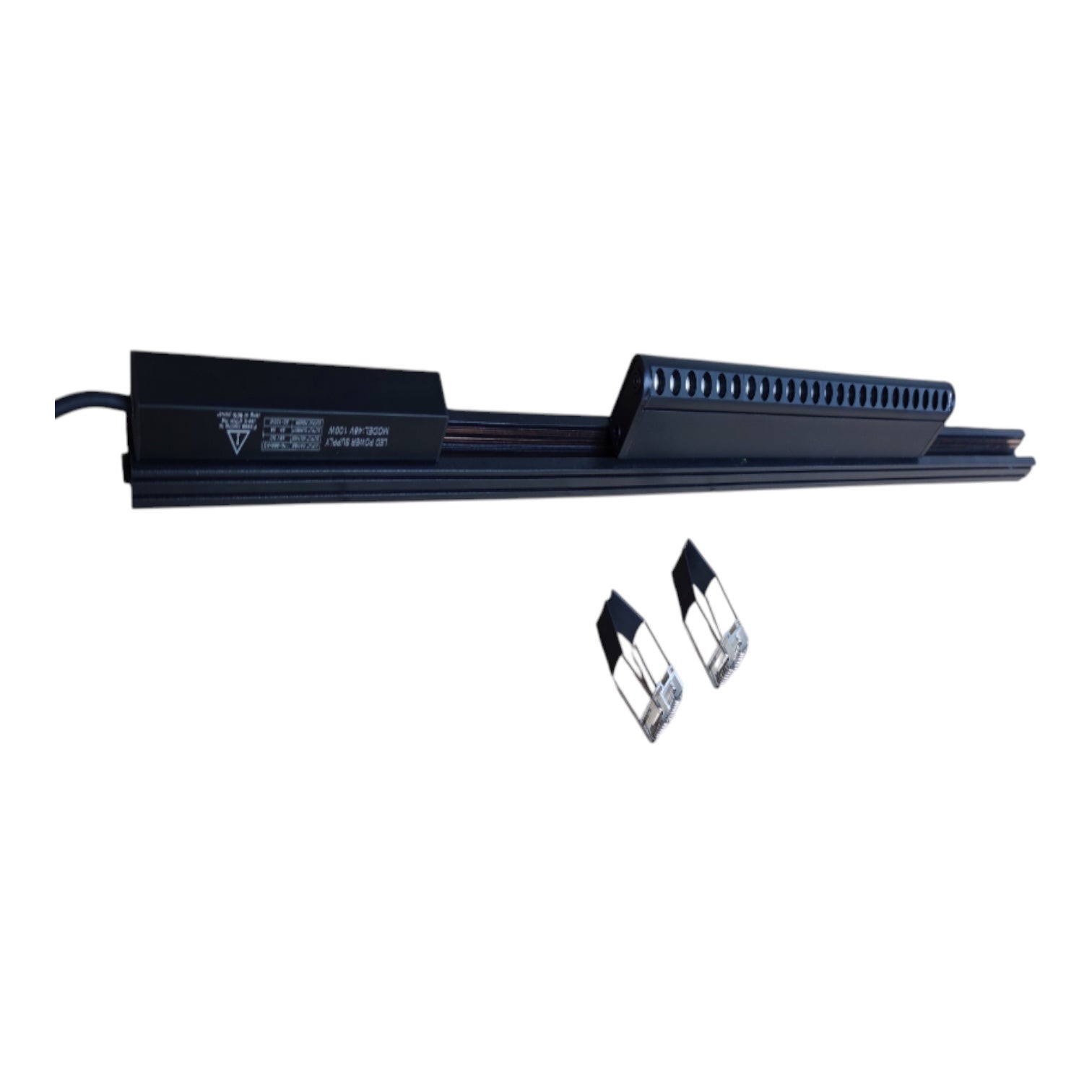 A black linear LED light bar with two small mounting clips, shown on a plain white background.