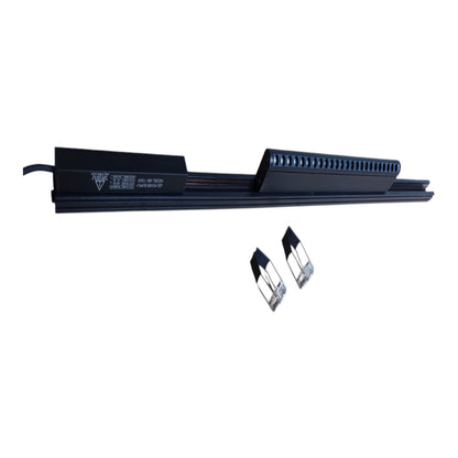 A black linear LED light bar with two small mounting clips, shown on a plain white background.