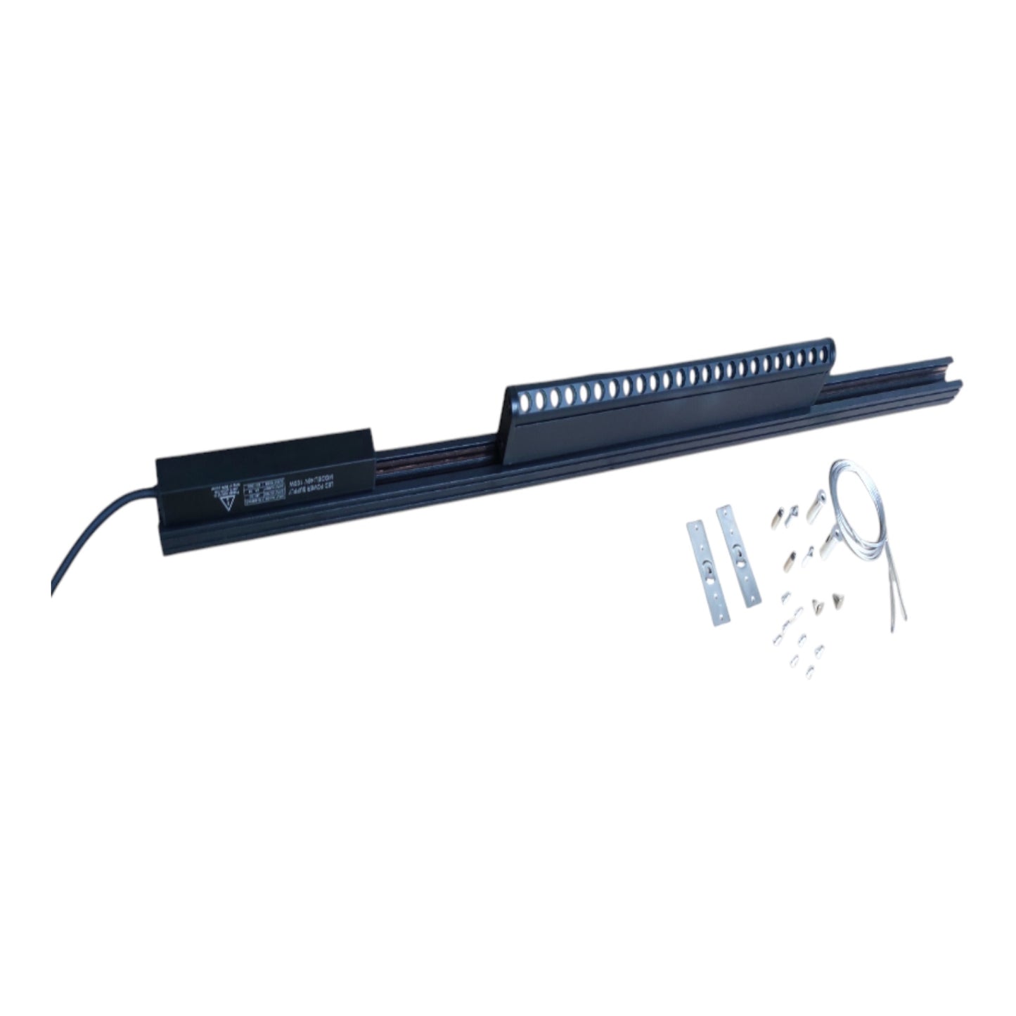 A black metal linear channel or track assembly with a long rectangular connector piece, shown on a white background with mounting hardware and small hardware accessories arranged to the right.