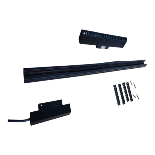 Black metal track lighting bar kit with mounting hardware, shown on a plain white background.