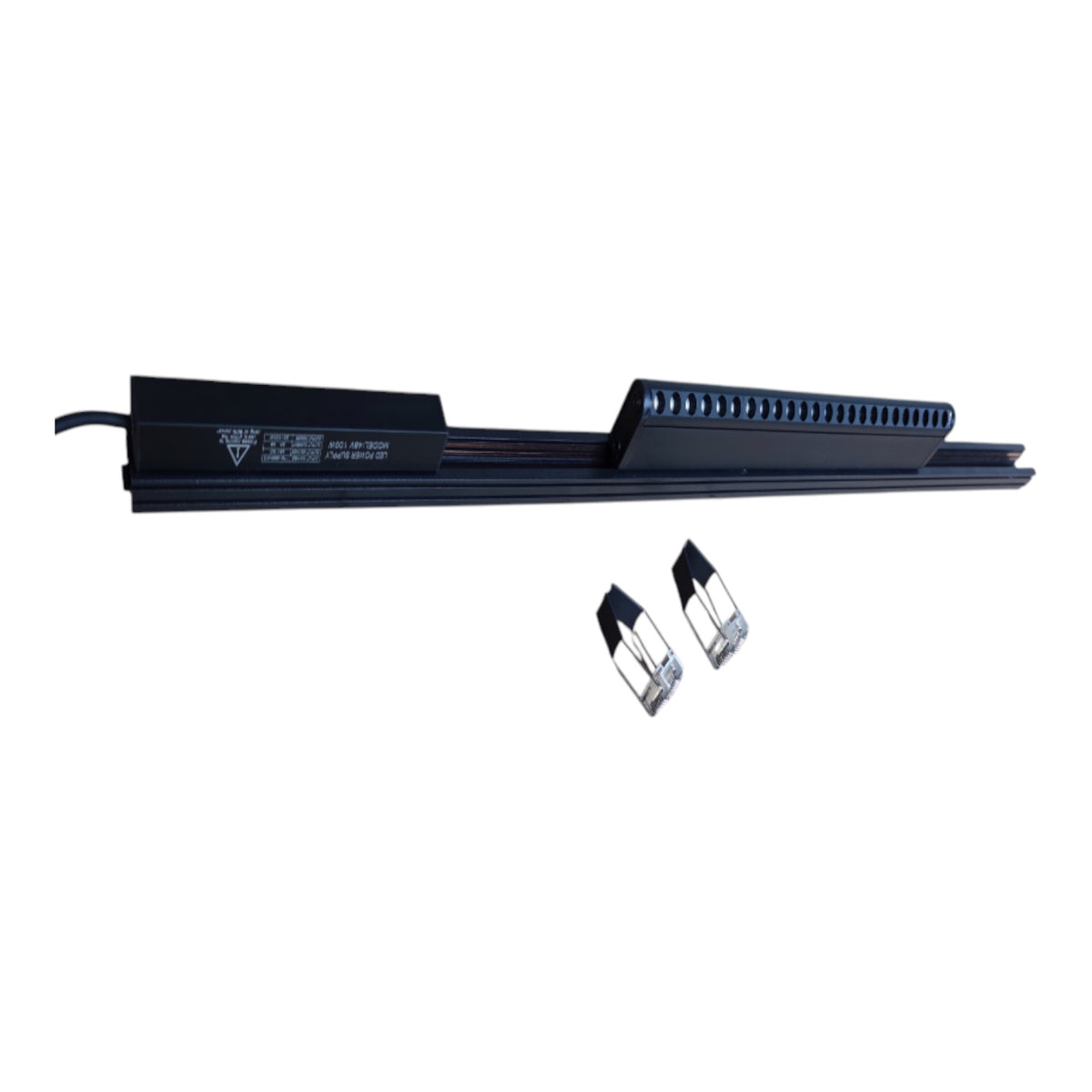 A black linear LED light bar with two small mounting clips shown below it on a plain white background.