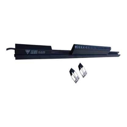 A black linear LED light bar with two small mounting clips shown below it on a plain white background.