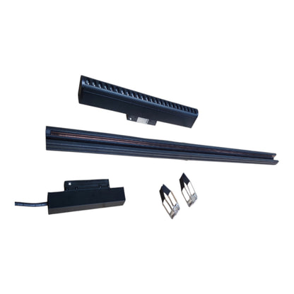A set of black metal linear guide rails and matching end blocks, shown on a plain white background.