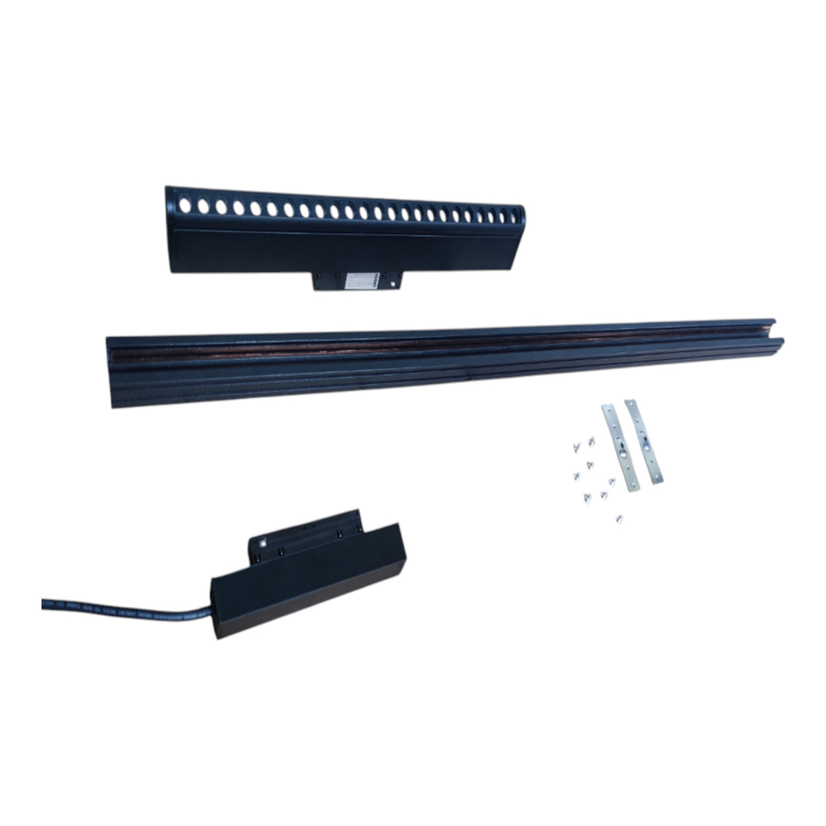 A black metal track system kit with a long horizontal channel, a mounting bracket with circular holes, a small electronic control module with a wire, and several silver screws and small metal pieces, all arranged on a plain white background.