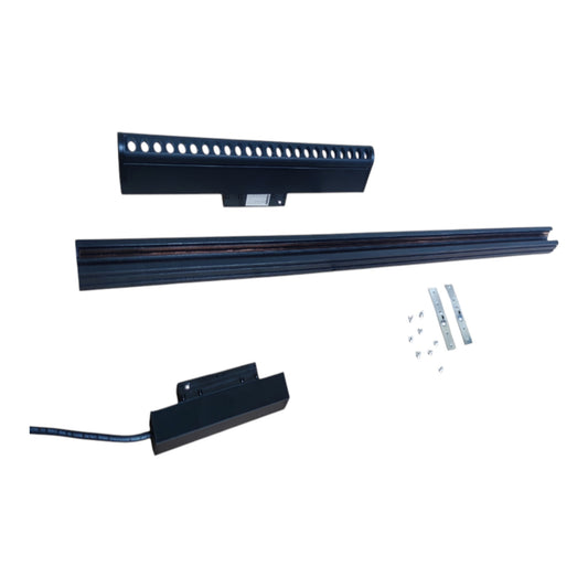 A black metal track system kit with a long horizontal channel, a mounting bracket with circular holes, a small electronic control module with a wire, and several silver screws and small metal pieces, all arranged on a plain white background.