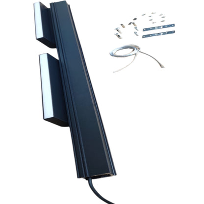 A black metal linear guide rail with mounting brackets and hardware accessories, shown on a plain white background.
