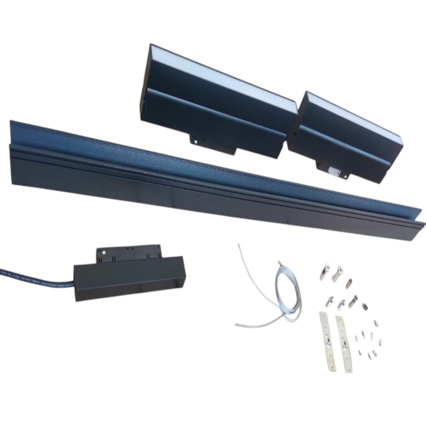 A linear LED light bar kit with two mounting brackets, a long black light bar, a control box, a wire, and mounting hardware, displayed on a solid white background.