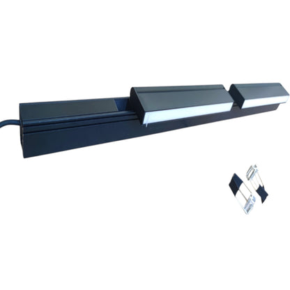 A black linear LED light bar with three adjustable segments, shown on a plain white background with a small inset of two clear mounting clips.