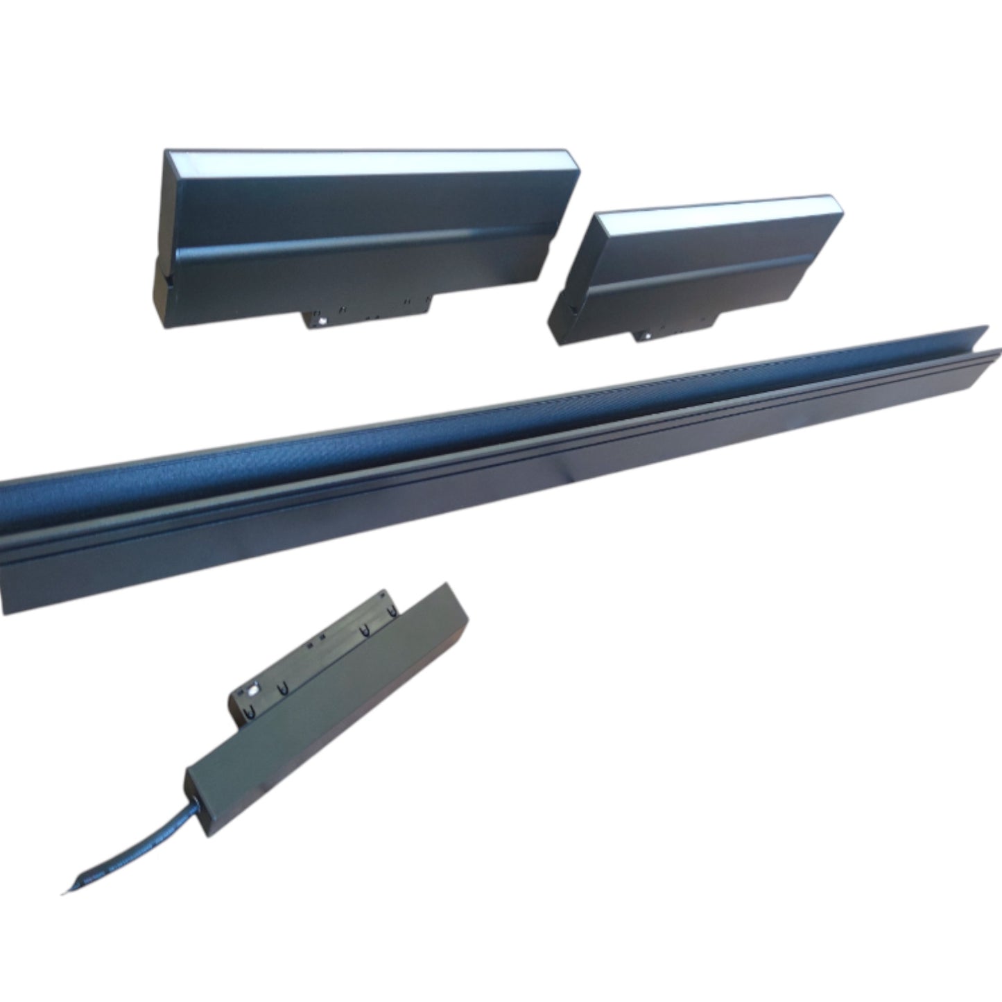A set of dark blue-gray metal track or guide components, including two short rectangular pieces, one long narrow rail, and one longer horizontal rail with a small attached wire, shown on a plain white background.