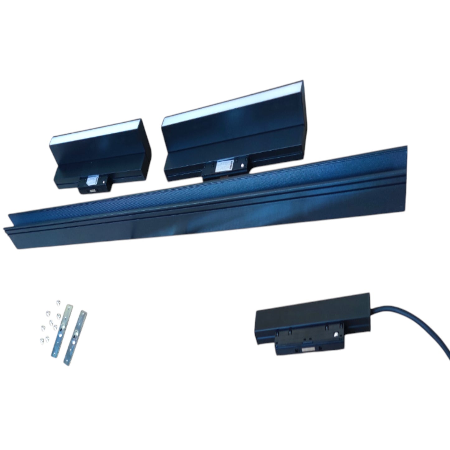 A dark blue LED linear light fixture shown from multiple angles, including two mounted views, a long horizontal profile view, a side-mounted view with attached power cord, and small mounting hardware on a plain white background.