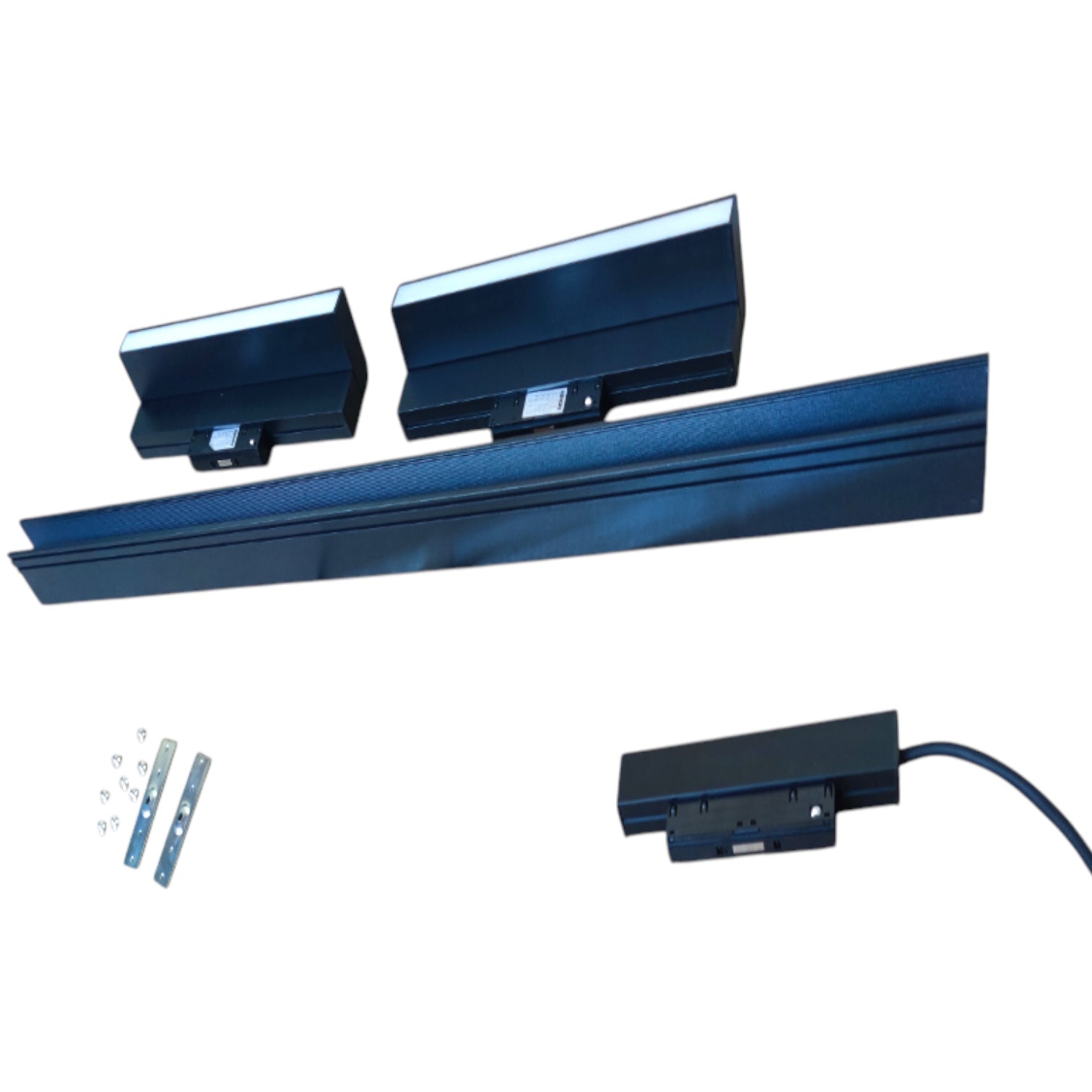A dark blue LED linear light fixture shown from multiple angles, including two mounted views, a long horizontal profile view, a side-mounted view with attached power cord, and small mounting hardware on a plain white background.