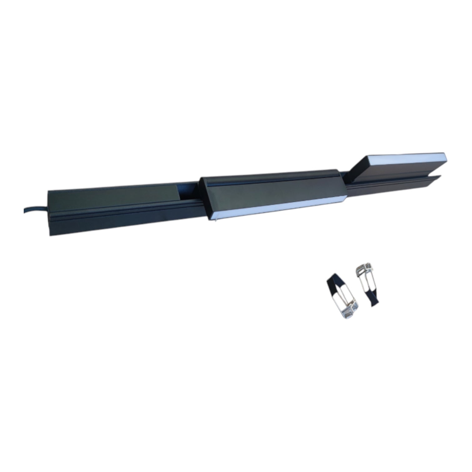 A long, slim black metal fixture or bracket with a silver-toned edge, shown on a plain white background. Two small cylindrical components are placed below it.