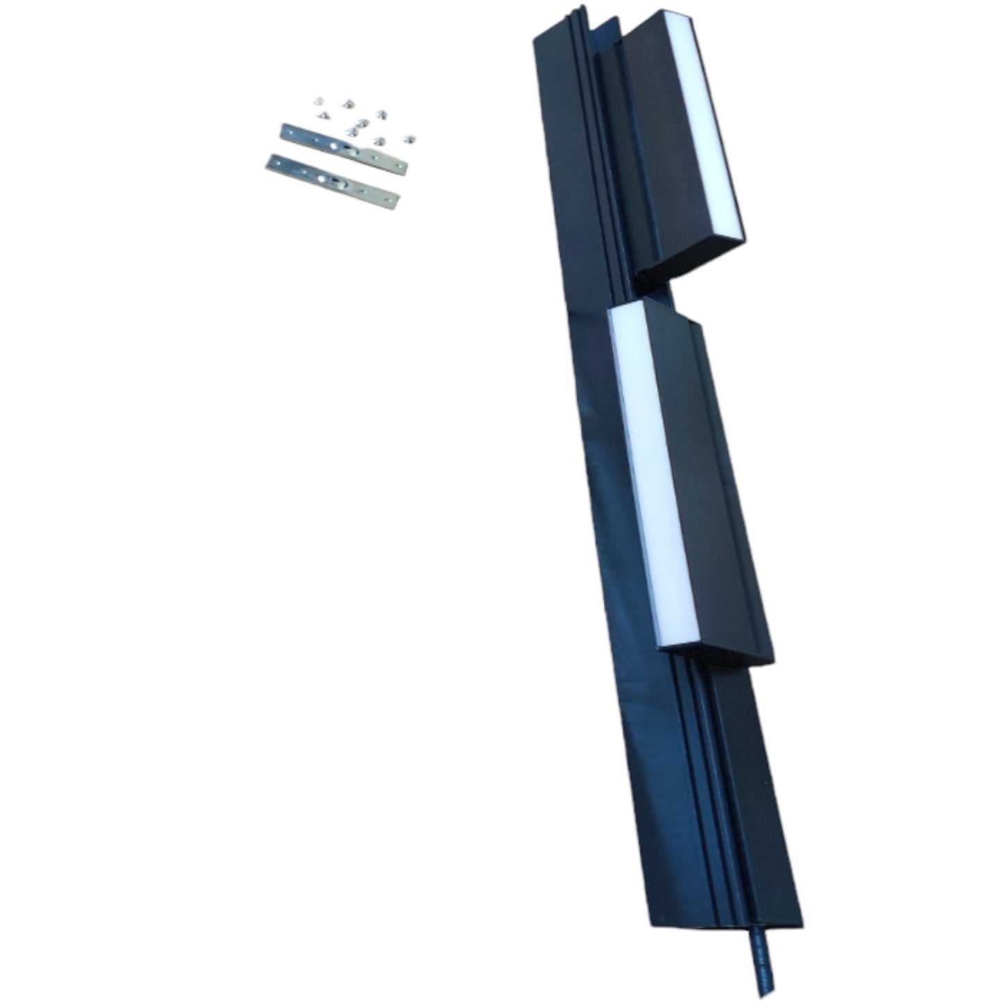 A modern, multi-tiered vertical LED wall light fixture in a dark blue-gray finish, shown with its mounting brackets and screws on a plain white background.