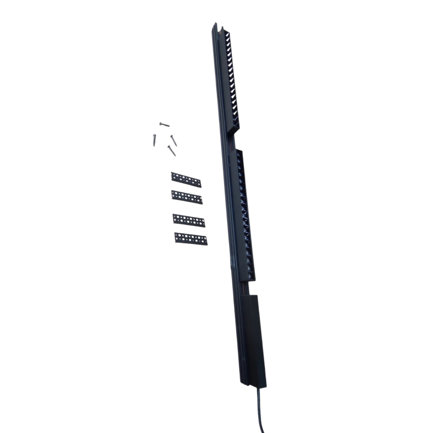 A black electronic signal conditioner or power supply with a long vertical form, shown on a plain white background with a few small mounting screws and four short black connector strips.