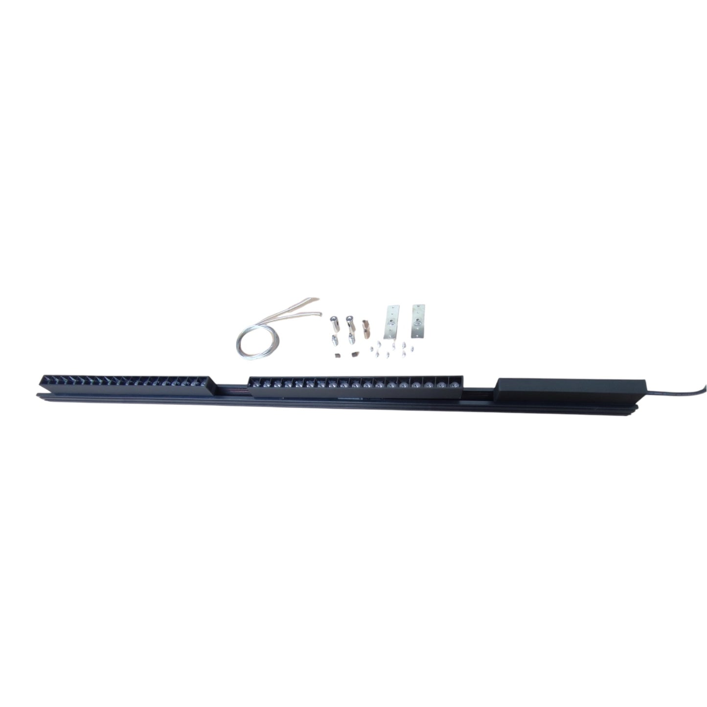 A long black LED light bar with mounting hardware, shown horizontally on a plain white background.