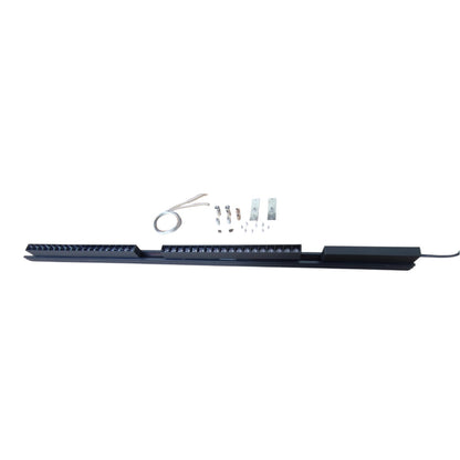 A long black LED light bar with mounting hardware, shown horizontally on a plain white background.
