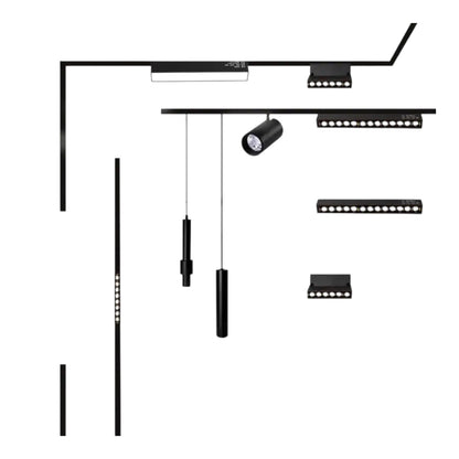 Black LED linear light bar and spotlight ceiling fixture kit shown in multiple component views on a plain white background.