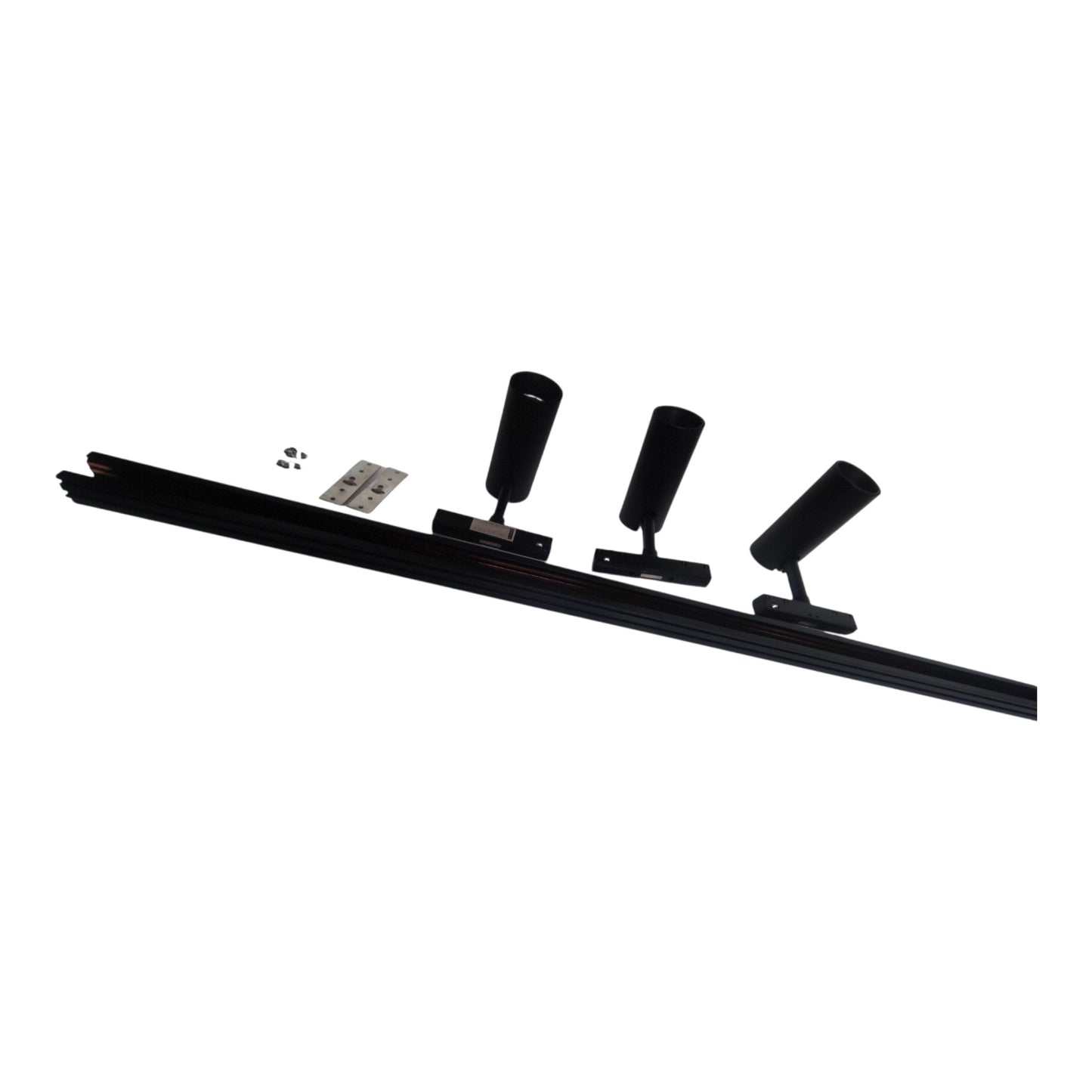 Black linear track lighting system with three adjustable spotlight heads, shown on a plain white background with mounting hardware.