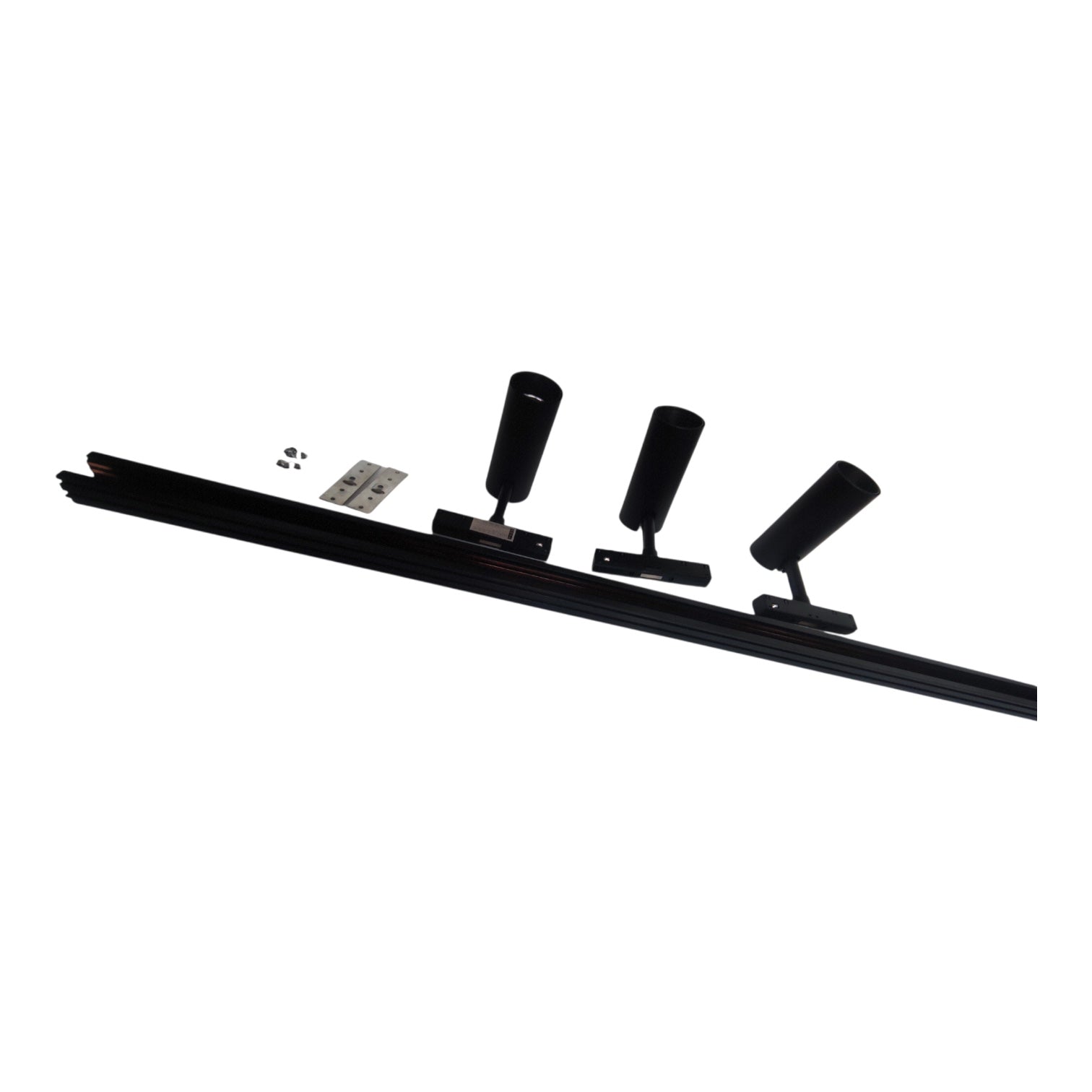 Black linear track lighting system with three adjustable spotlight heads, shown on a plain white background with mounting hardware.