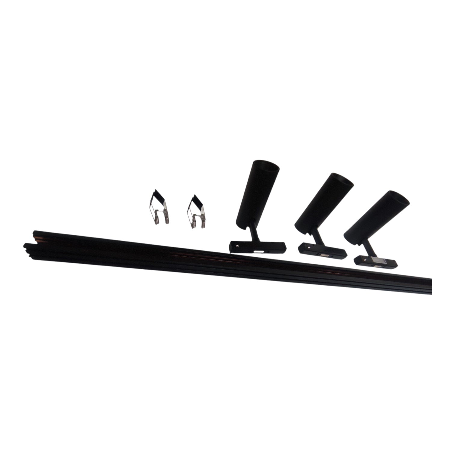 Black window track bar set with three mounting brackets and two silver metal clips, displayed on a solid white background.