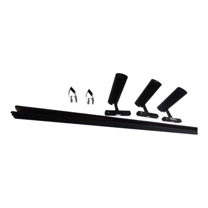 Black window track bar set with three mounting brackets and two silver metal clips, displayed on a solid white background.
