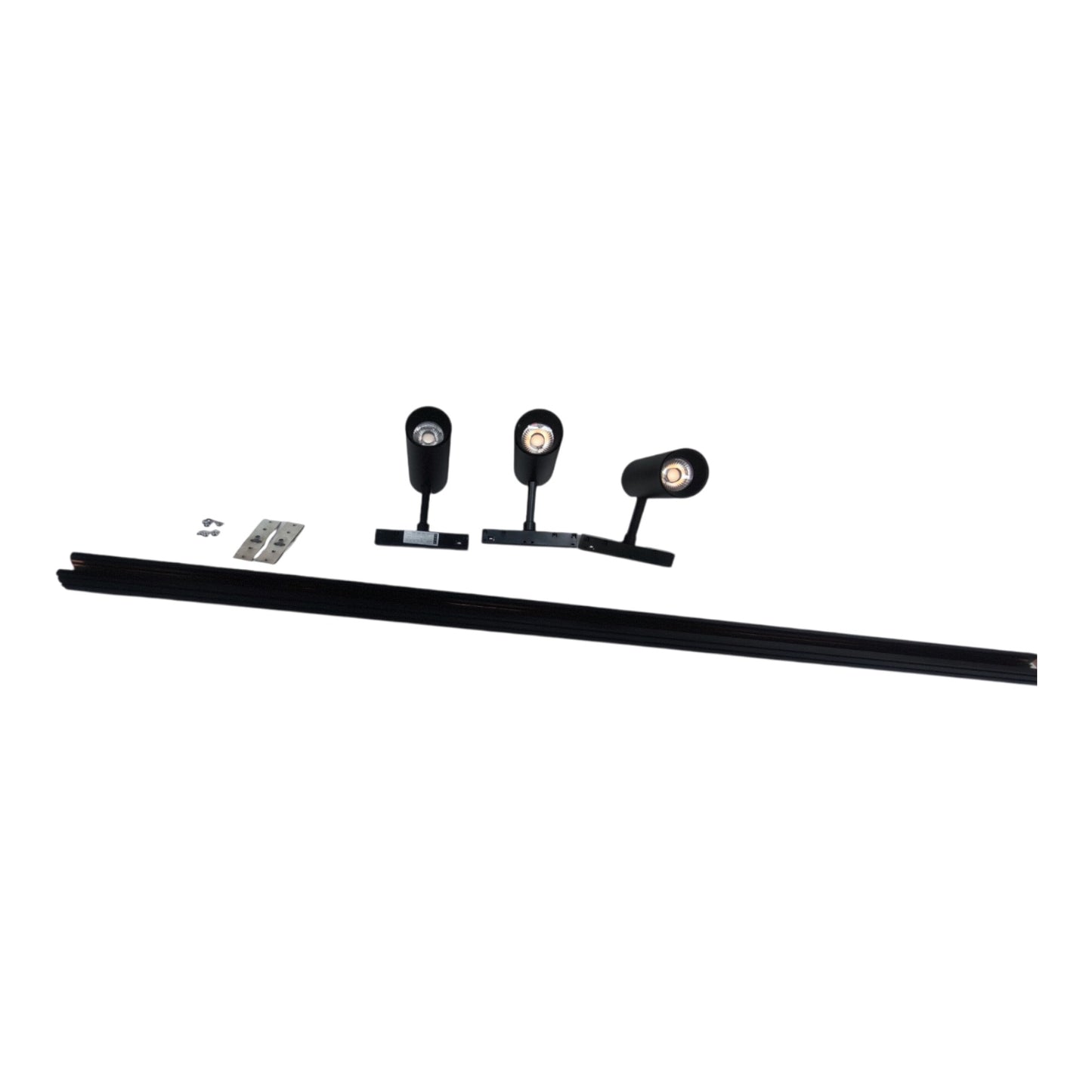Black linear track lighting kit with three adjustable spotlight heads, mounting hardware, and a long black track on a plain white background.