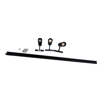 Black linear track lighting kit with three adjustable spotlight heads, mounting hardware, and a long black track on a plain white background.