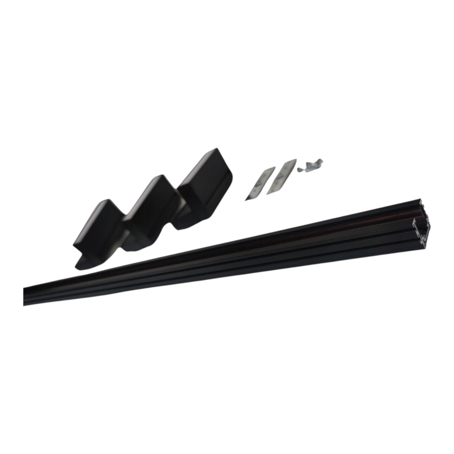 Black metal window track profile with a matching black mounting bracket and two small silver screws, shown on a plain white background.