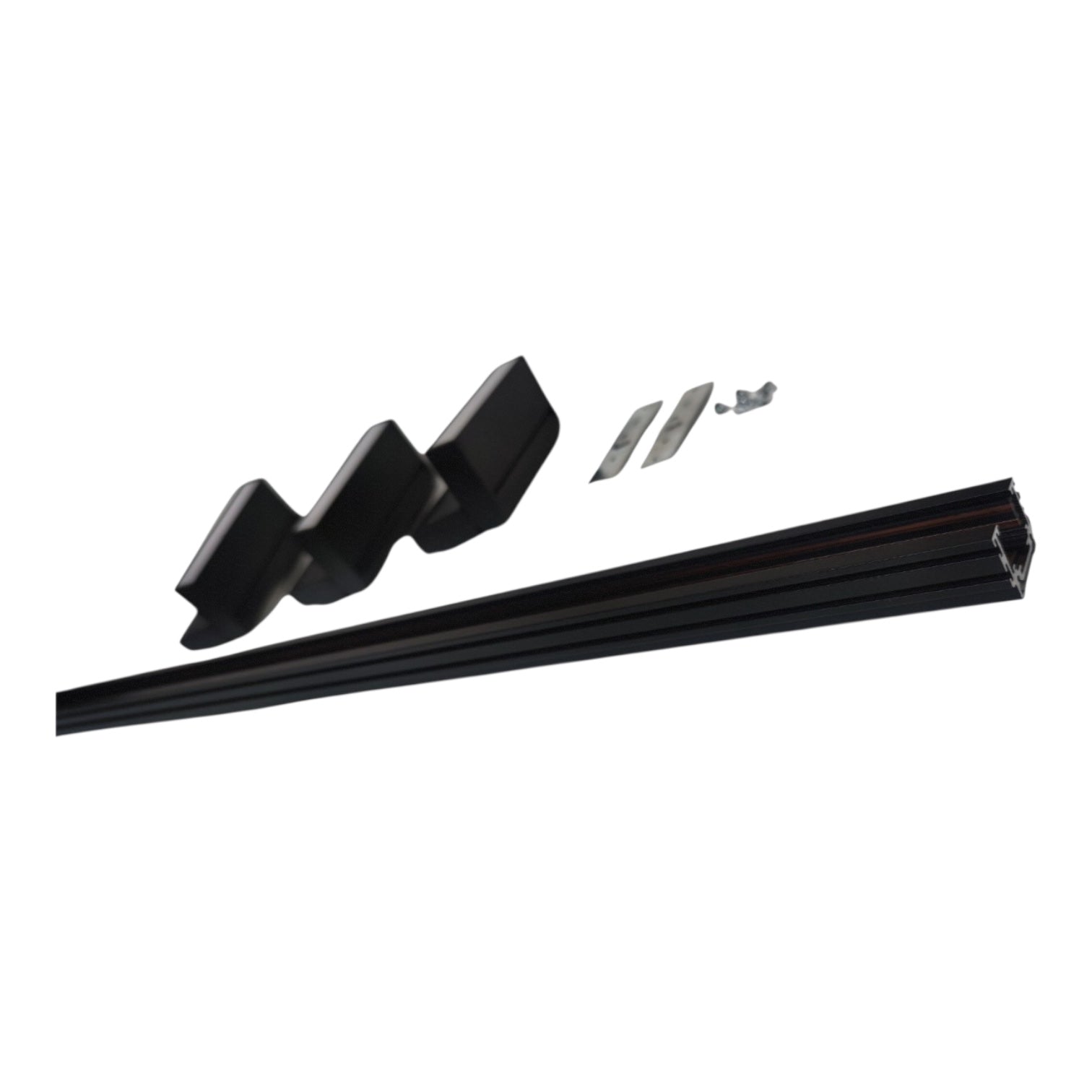 Black metal window track profile with a matching black mounting bracket and two small silver screws, shown on a plain white background.