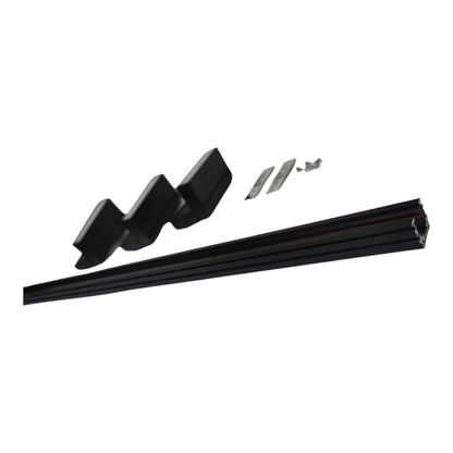 Black metal window track profile with a matching black mounting bracket and two small silver screws, shown on a plain white background.