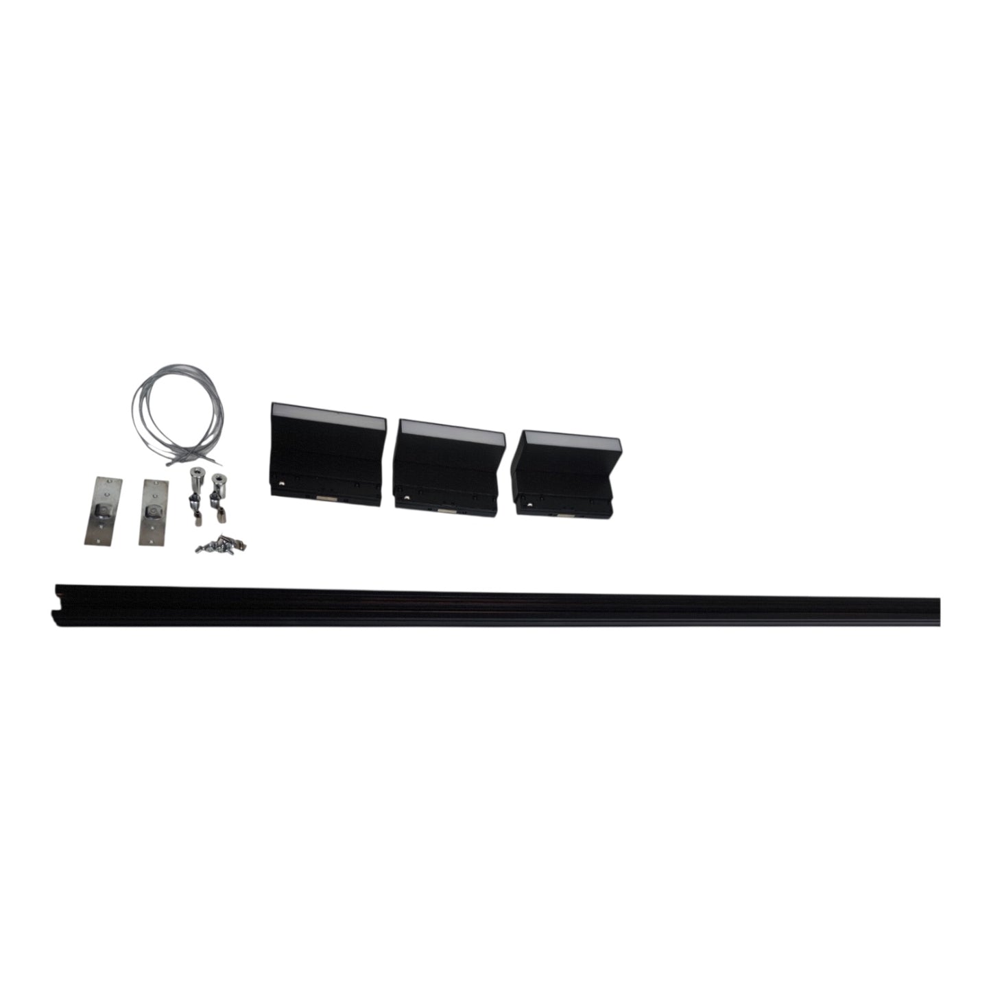A black metal mounting kit laid out on a white background, including a long horizontal bar, three angled brackets, two metal plates, and a coiled wire with small hardware.