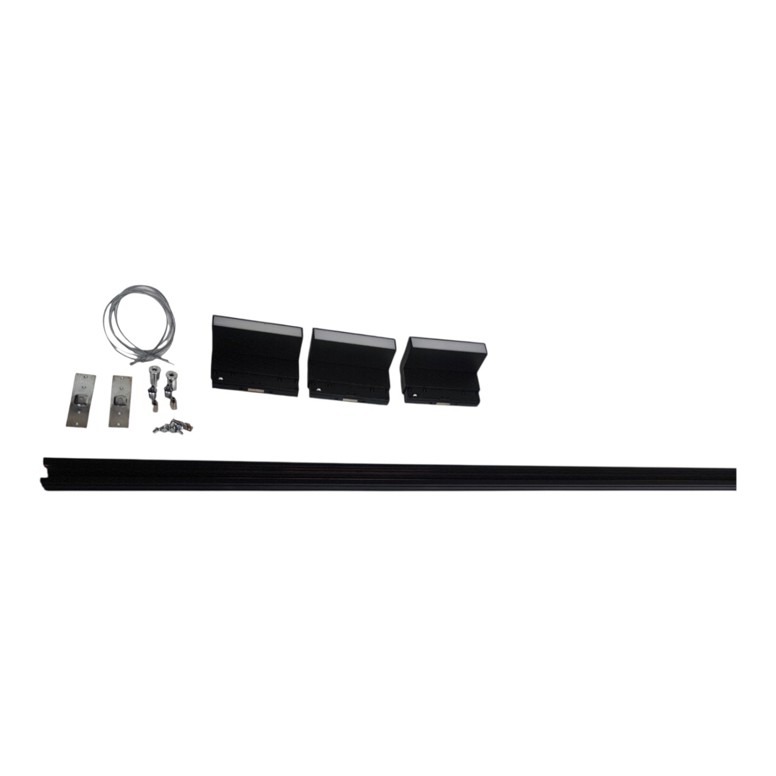 A black metal mounting kit laid out on a white background, including a long horizontal bar, three angled brackets, two metal plates, and a coiled wire with small hardware.