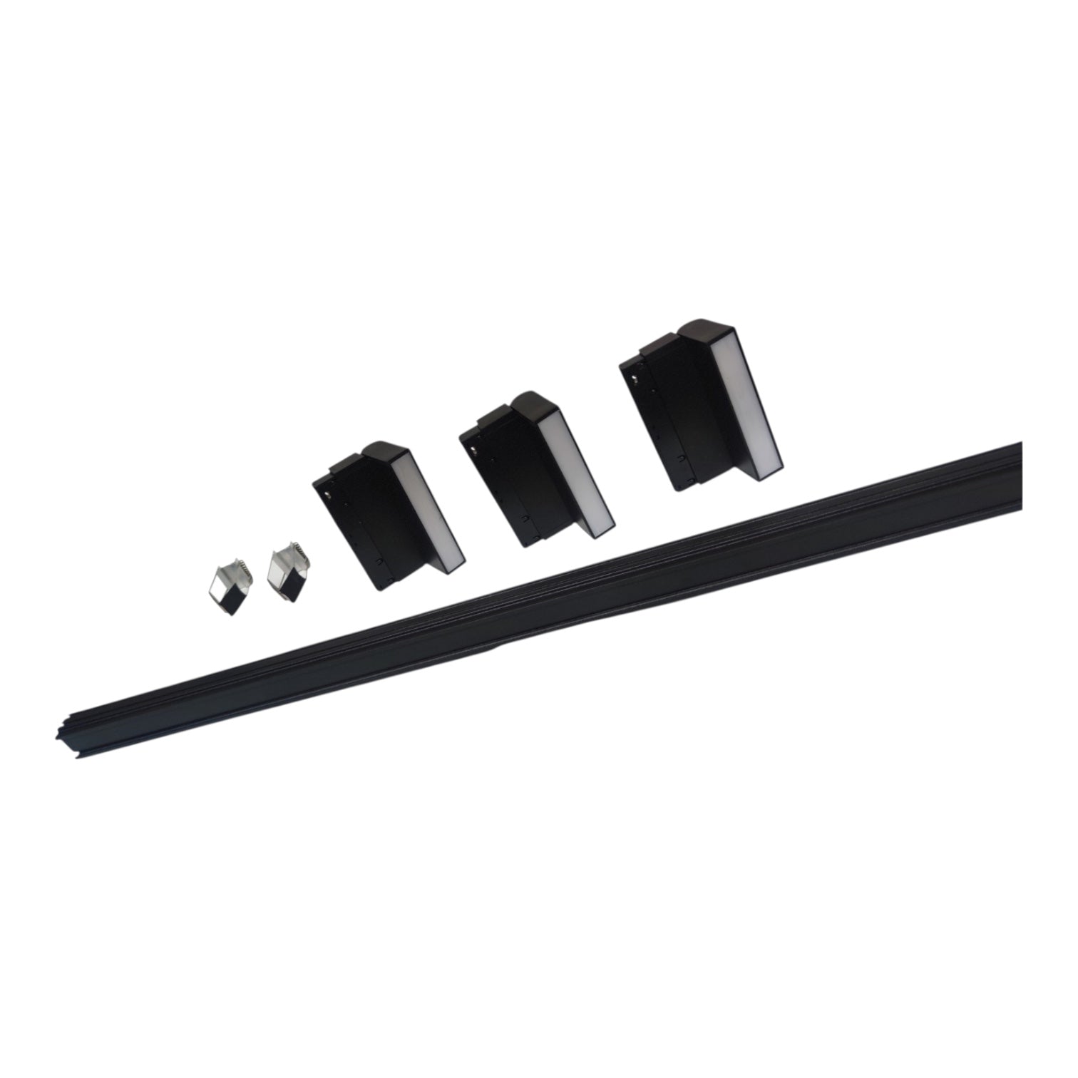 A black metal track or guide rail shown diagonally with four matching black mounting brackets or clips arranged above it on a plain white background.