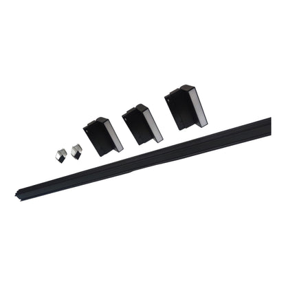A black metal track or guide rail shown diagonally with four matching black mounting brackets or clips arranged above it on a plain white background.