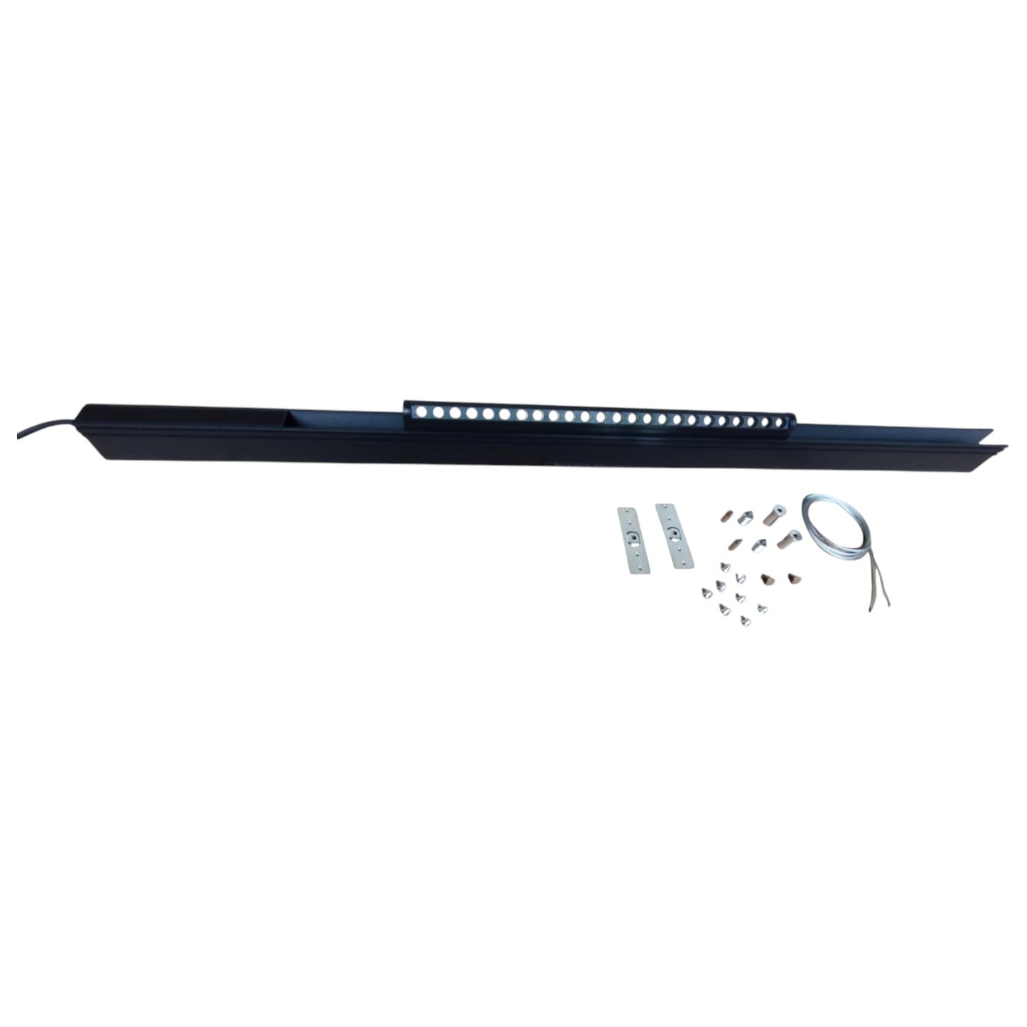 Long black rectangular light fixture with mounting hardware on a white background