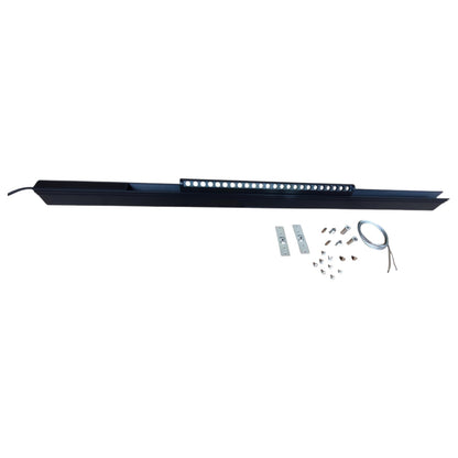 Long black rectangular light fixture with mounting hardware on a white background