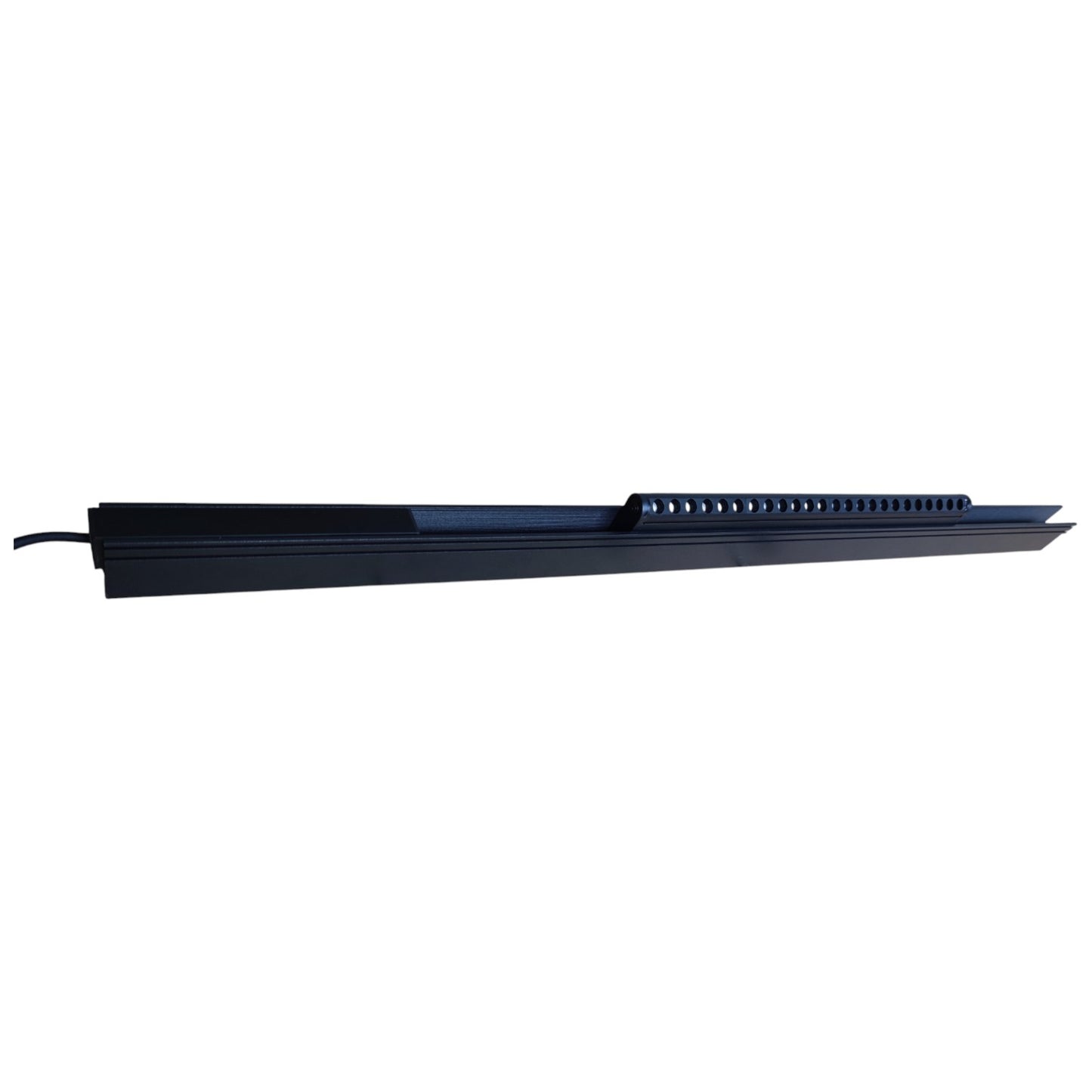 Long black rectangular object on a white background
