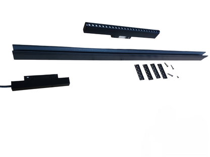 Set of black LED strip lights and connectors on a white background