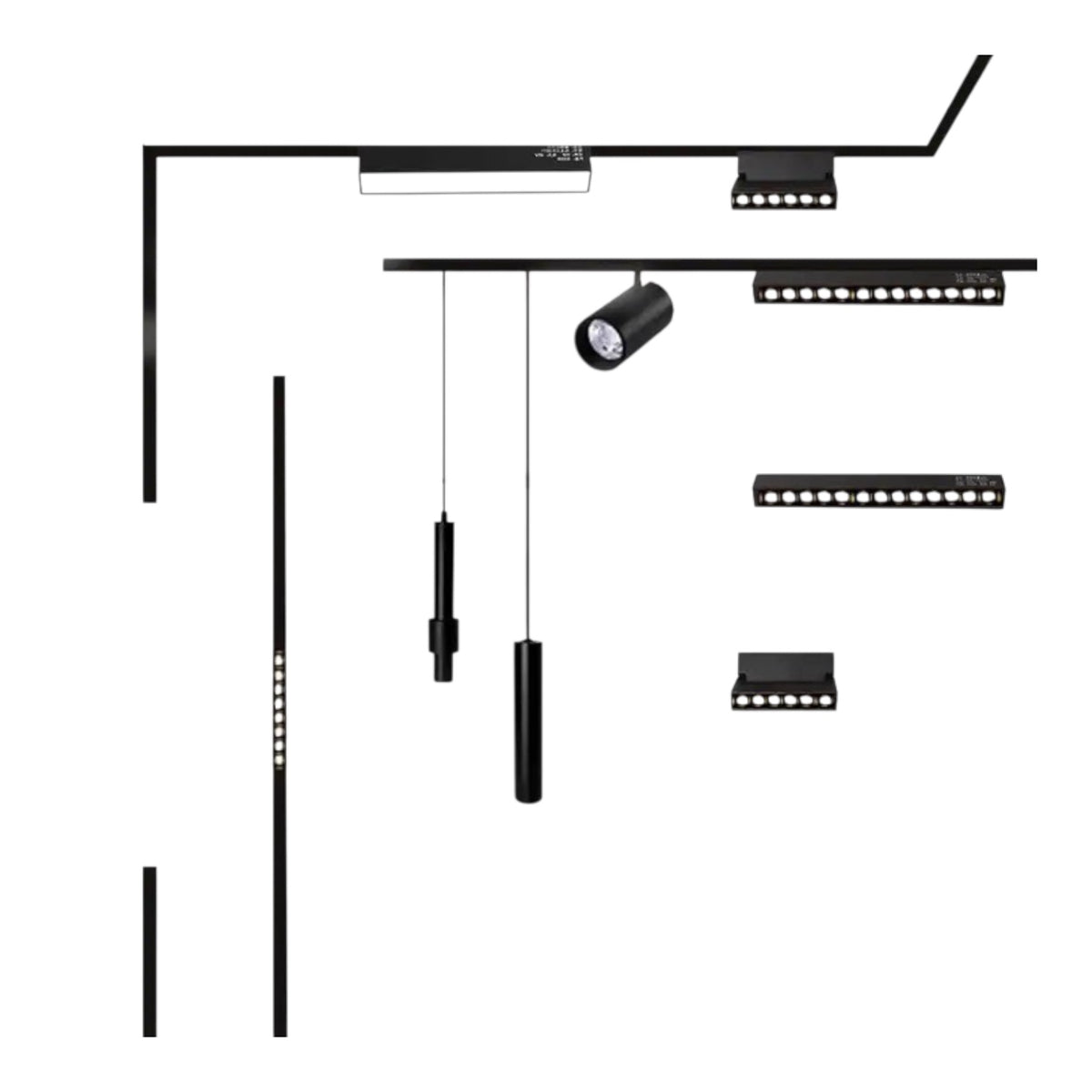 Black LED linear light bar and spotlight ceiling fixture kit shown in multiple component views on a plain white background.