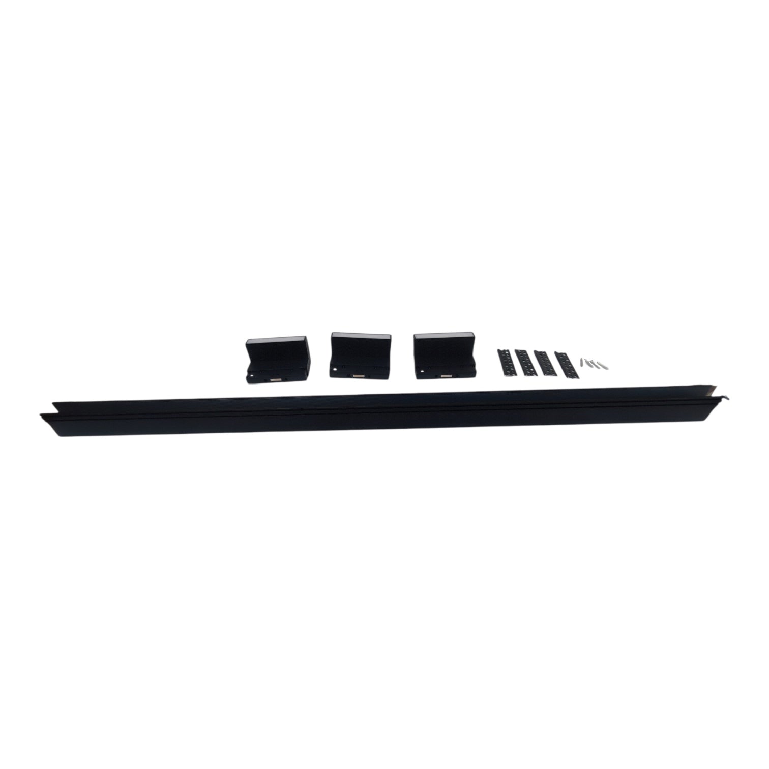 A black metal mounting track or rail set with four black brackets and several small mounting screws, displayed on a plain white background.