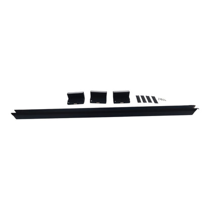A black metal mounting track or rail set with four black brackets and several small mounting screws, displayed on a plain white background.