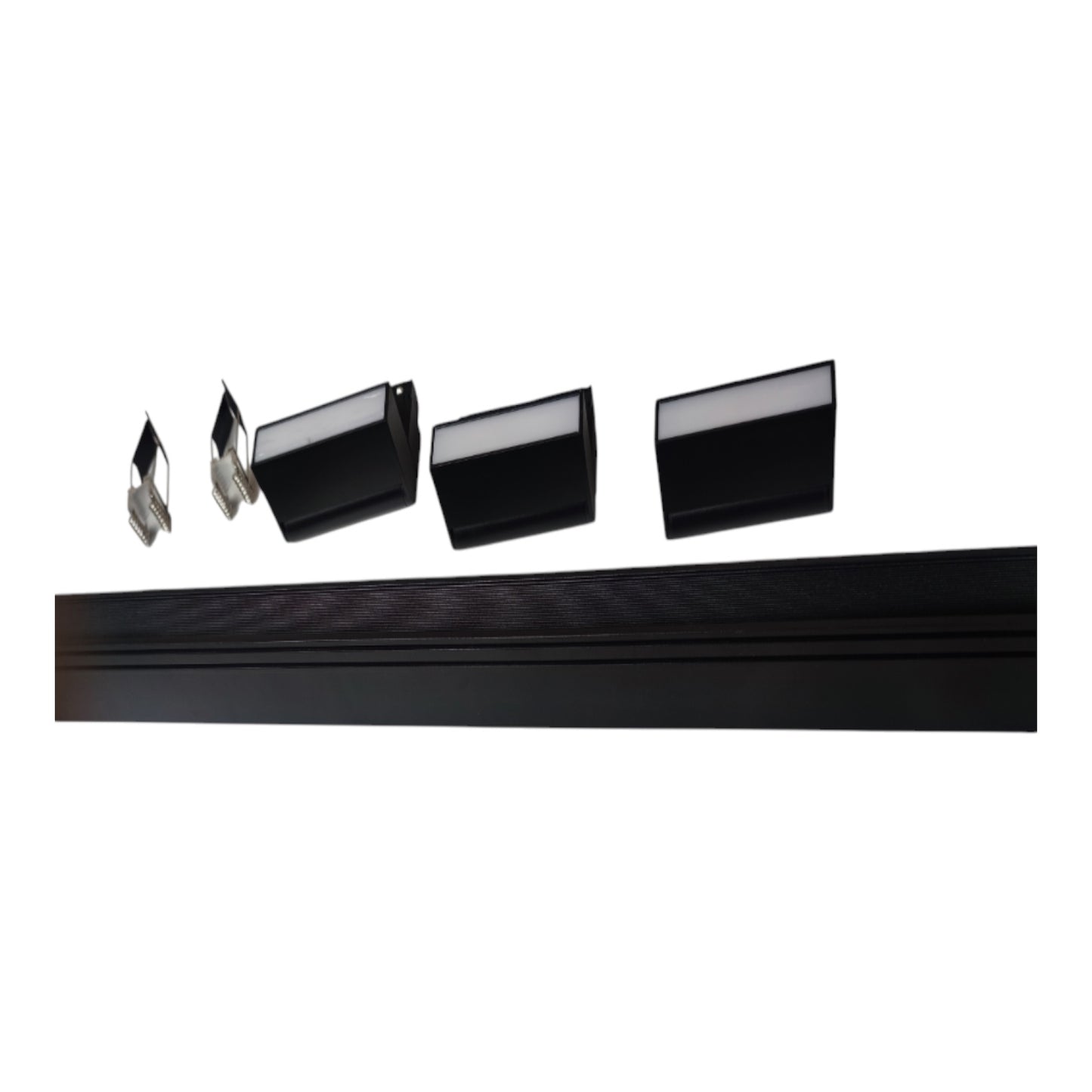 Four black rectangular light fixtures with silver metal backings are shown above a long black mounting rail on a plain white background.