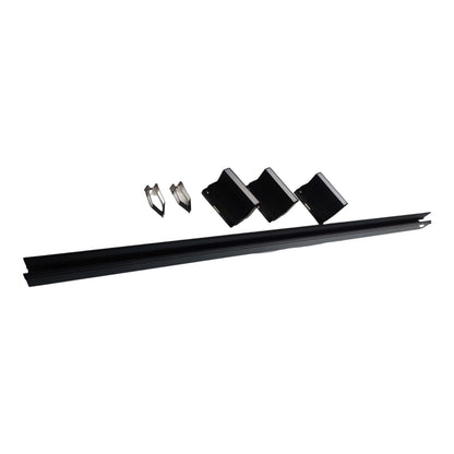 A long black metal track or channel shown on a plain white background, with four small black hardware pieces arranged above it.