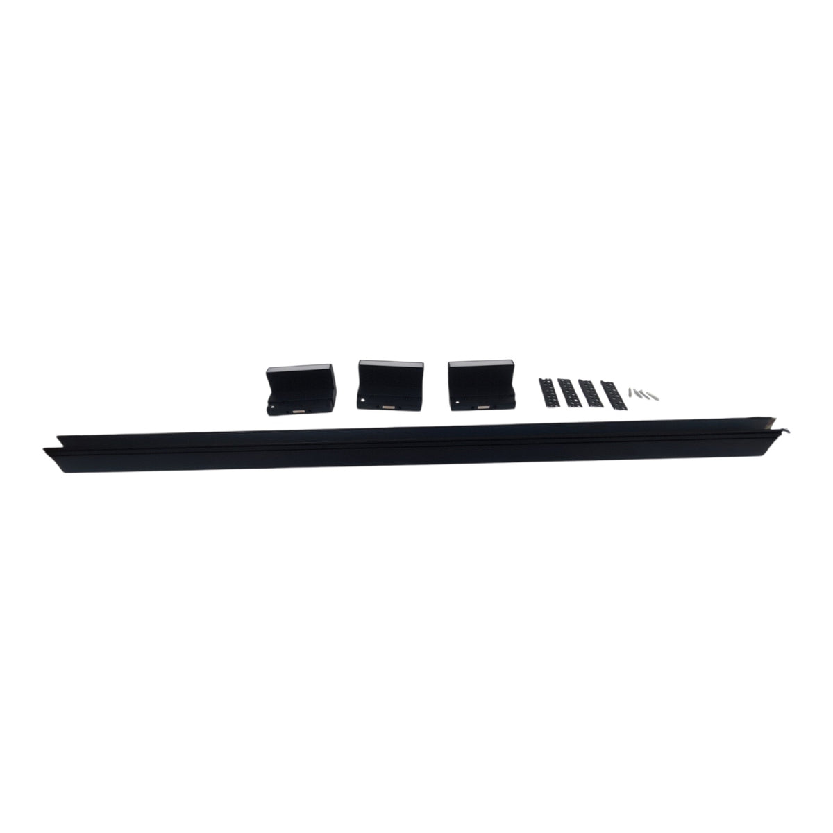 A black metal mounting track or rail set with four black brackets and several small mounting screws, displayed on a plain white background.