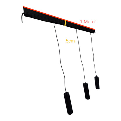 A black adjustable tensioner bar with red and yellow markings, three black hanging cords, and three cylindrical weights, shown on a white background with dimension labels reading 1 Meter and 5cm.