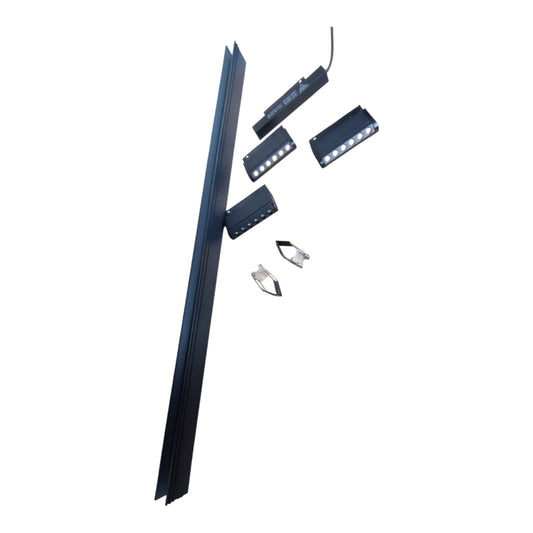 A black metal LED linear light track kit with a long vertical track, several rectangular light modules, mounting brackets, and a cable, shown on a plain white background.