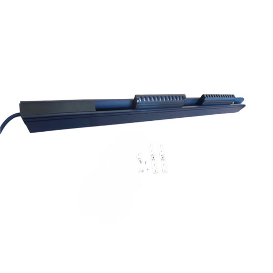 A long rectangular blue aquarium light fixture with a power cord and four small mounting brackets, shown on a plain white background.