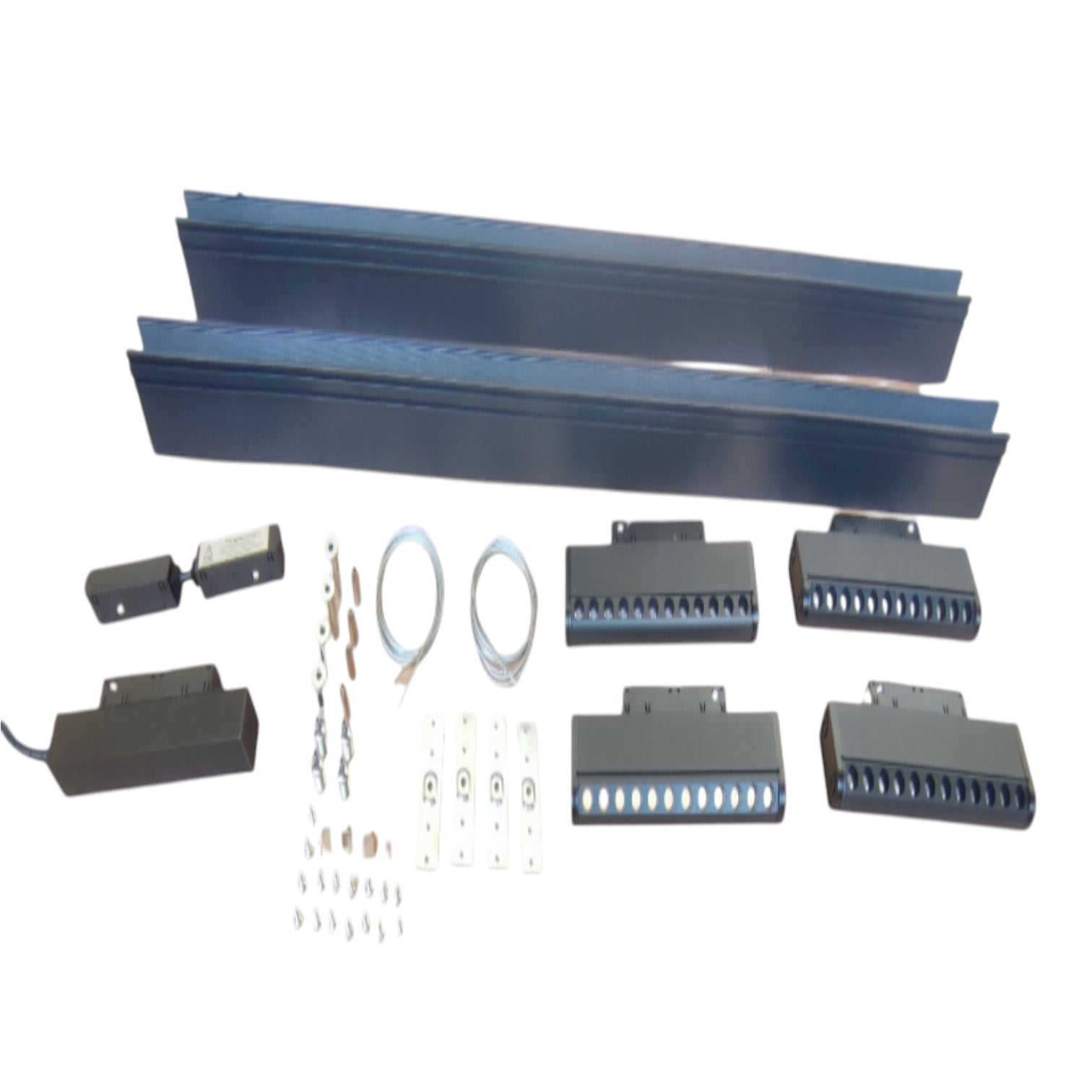 A metal track mounting kit with two long dark blue metal rails, four black electrical connectors, two small black boxes, two coiled wire leads, and several small hardware pieces, arranged on a plain white background.