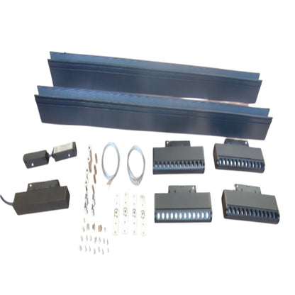A metal track mounting kit with two long dark blue metal rails, four black electrical connectors, two small black boxes, two coiled wire leads, and several small hardware pieces, arranged on a plain white background.