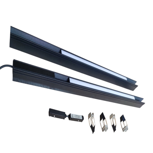 Two long black linear LED light bars with a white illuminated strip, shown on a white background with a small connector and four small mounting pieces below.